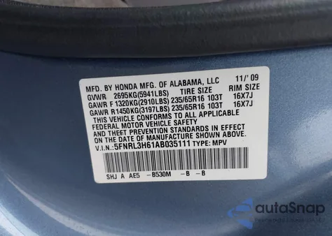 2010 Honda Odyssey Ex-L из США, поврежденный, VIN 5FNRL3H61AB035111